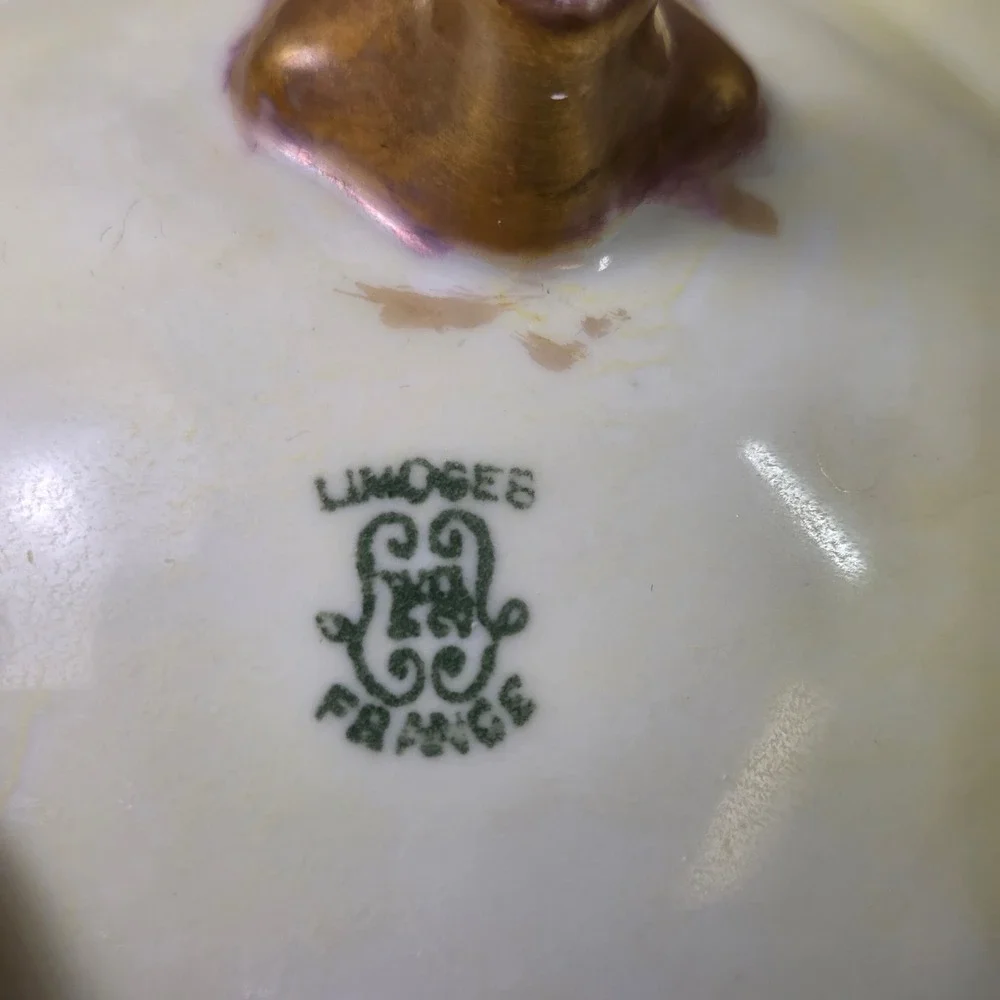 Limoges France Antique Footed Porcelain Bowl Hand Painted Pink Roses Gold Feet - Picture 8 of 8